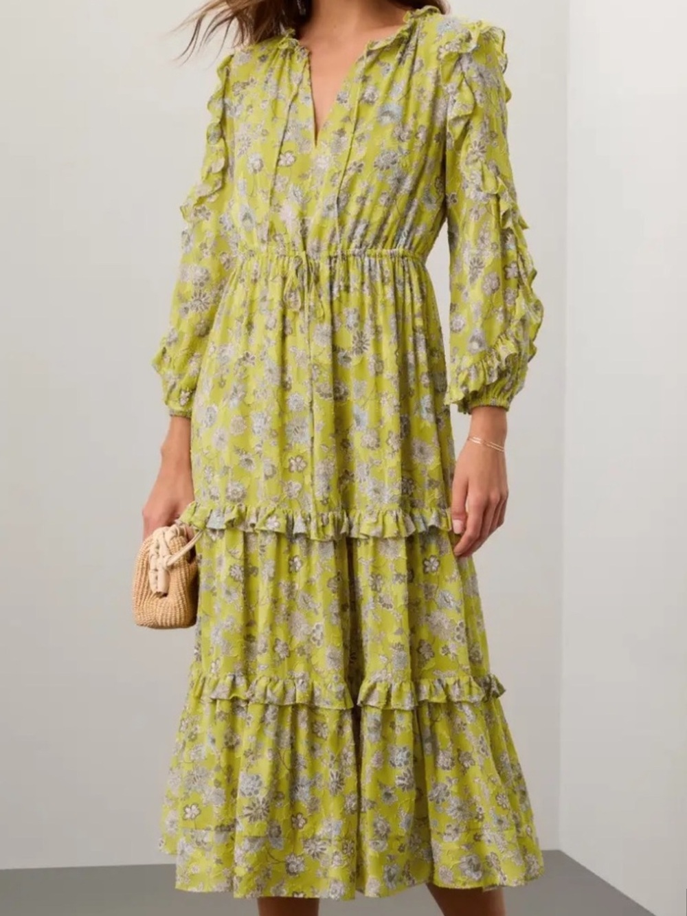 Alexis Auja Floral Print Crepe Midi Dress Lime Green Yellow Ruffle Size Small